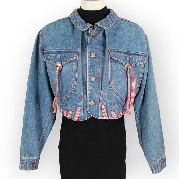 Vintage M/L HystericEtVous Crop Denim Jean Jacket Western Red Gingham Cowgirl - Picture 1 of 16
